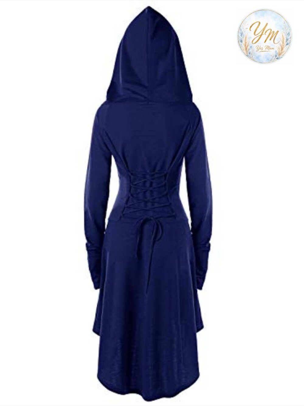 Women's Renaissance Hooded Lace Up High Low Midi Dress Long Sleeve - Picture 2 of 6